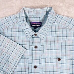 Patagonia Mens Blue Plaid Hemp Organic Cotton Short Sleeve Button Down Shirt M